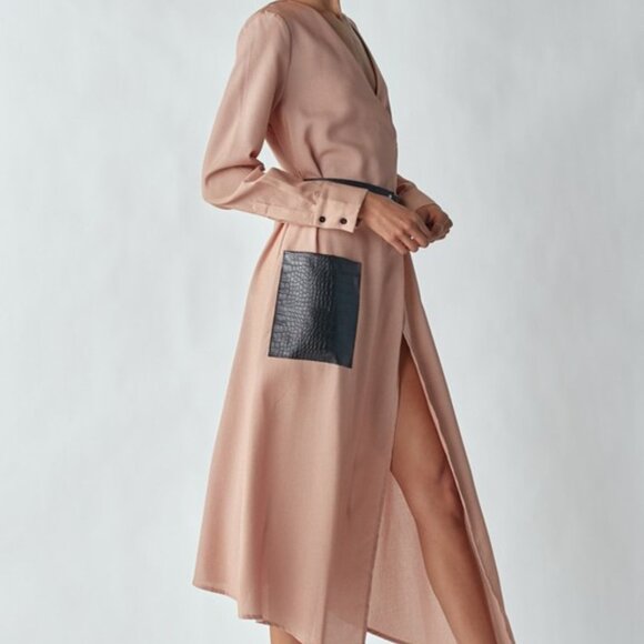 Belted Midi Dress w/ Faux Leather Pocket and Belt | Long Sleeve - Picture 10 of 10